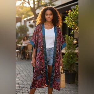 Aratta Silent Journey Boho Kimono Duster Burgundy Paisley O/S NWT